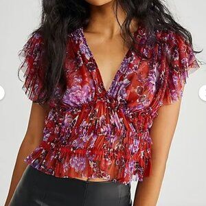 Free People Make Me Smile Ruffle Top Red and Purple XS